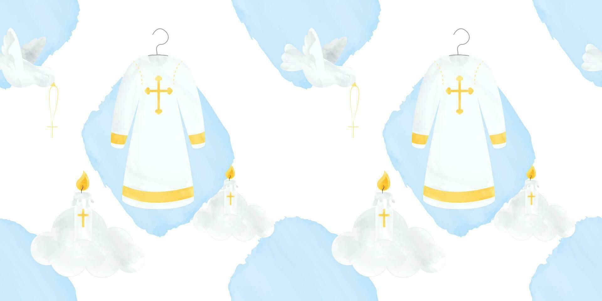 Seamless Pattern Baptismal Gown Peace Dove and Prayer Candle Vector Illustration