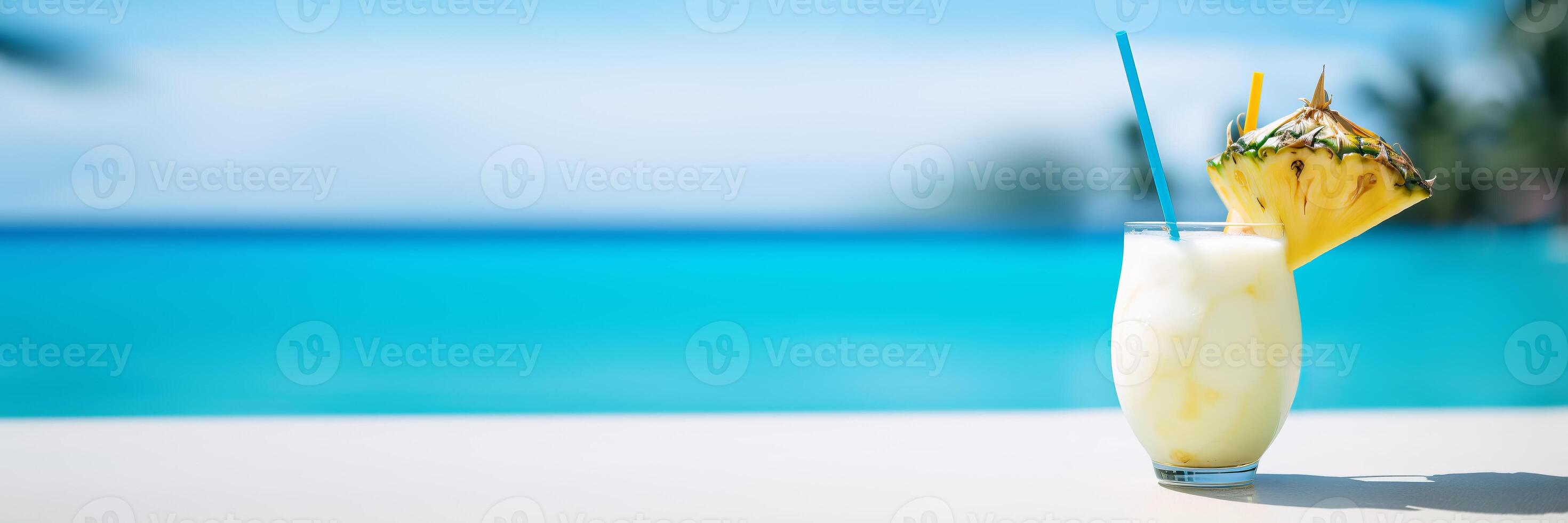 Pina Colada cocktail on beautiful tropical scenery banner. illustration photo