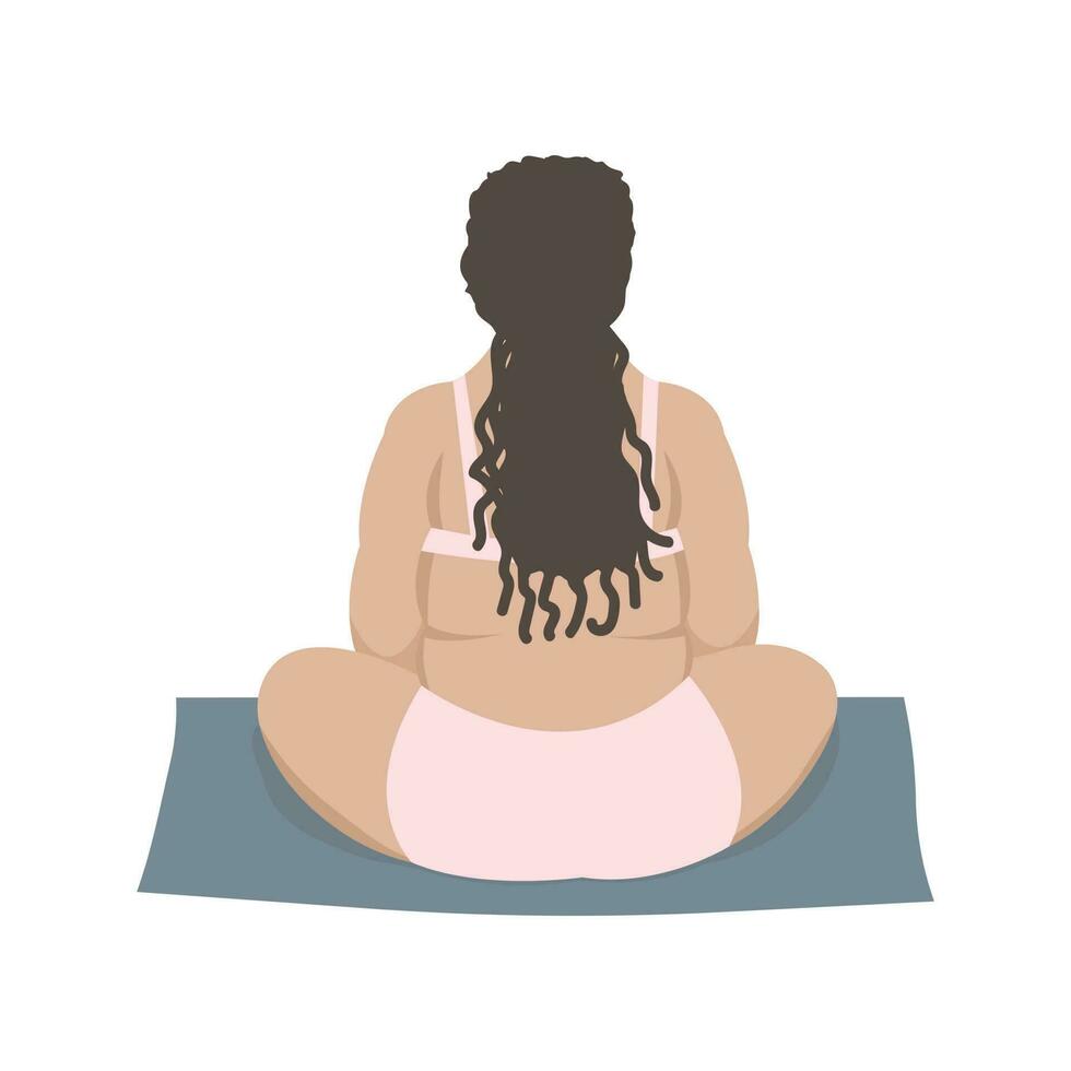 Happy overweight woman sitting on a mat meditating vector