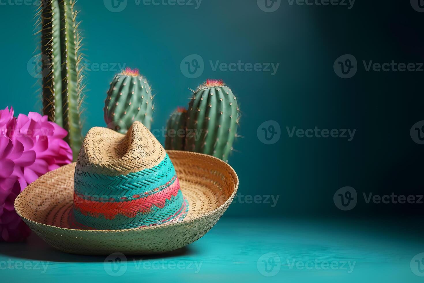 Cinco de Mayo holiday background. Mexican cactus and party sombrero hat on dark turquoise background. illustration photo