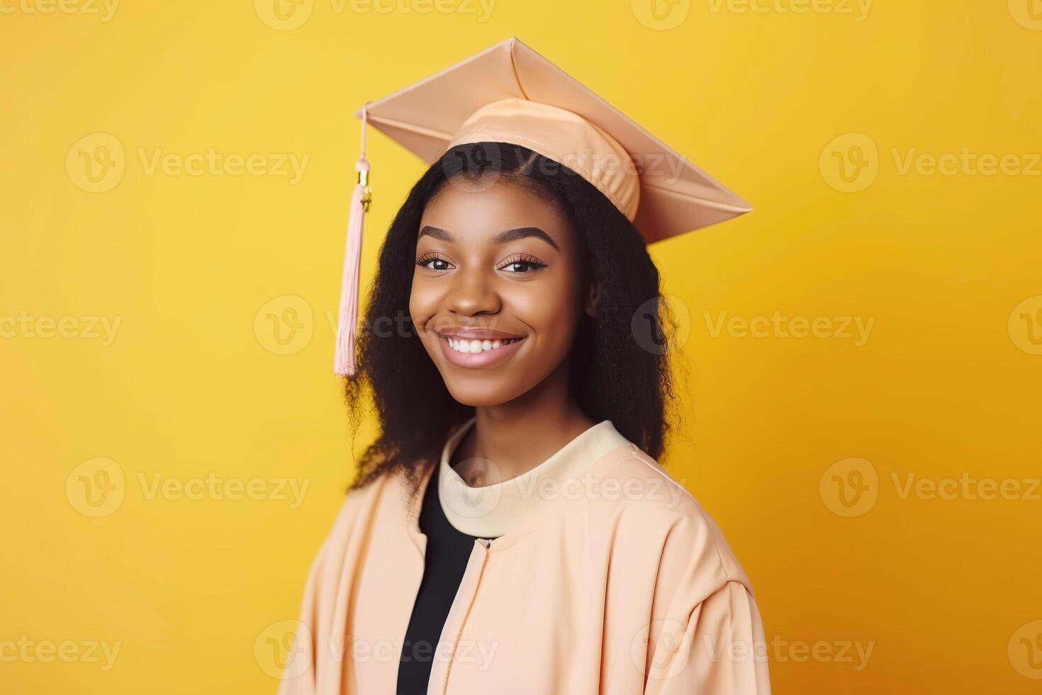 hermosa negro mujer vistiendo un graduación gorra. estudiar, educación, universidad, colega, graduado concepto. generativo ai ilustración foto