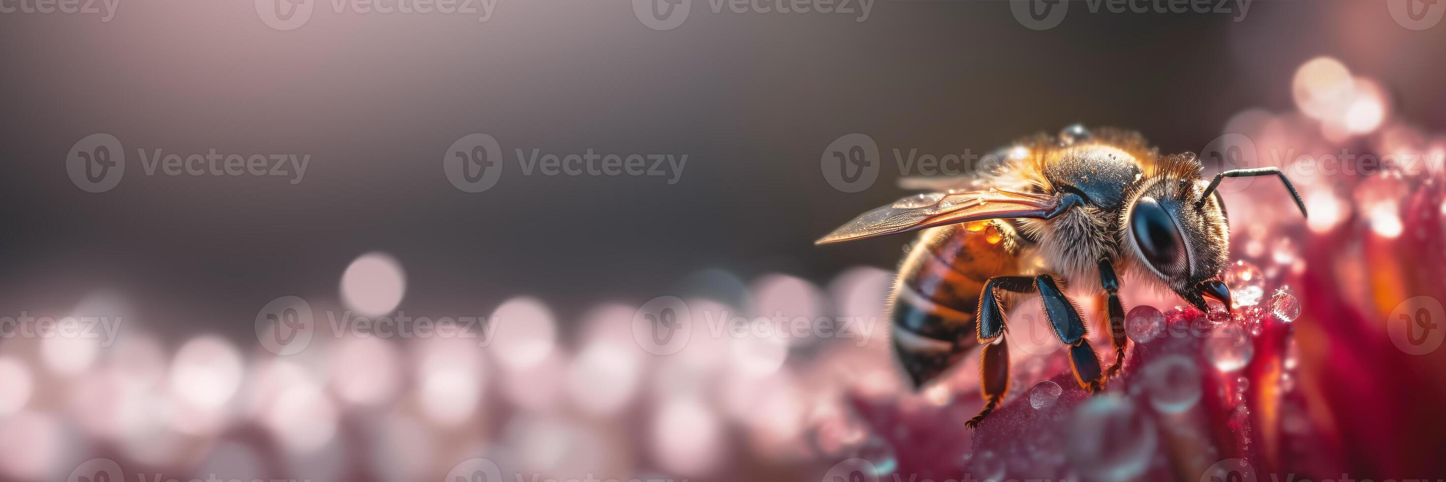 Banner with bee on red flower collects pollen. illustration photo