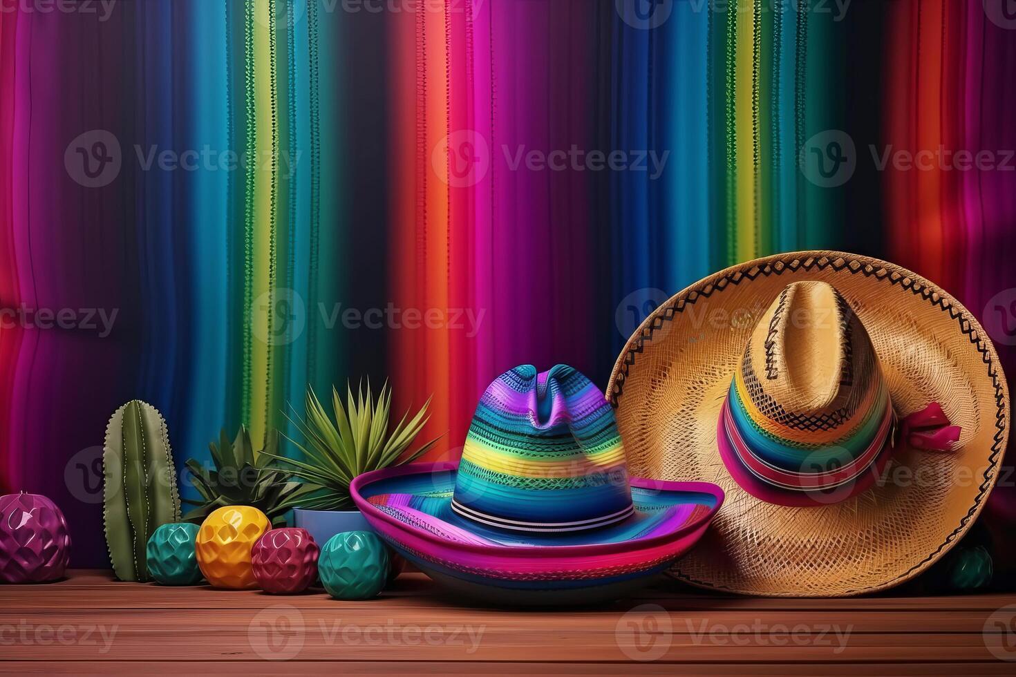 Cinco de Mayo holiday background. Mexican cactus and party sombrero hat on rainbow striped background. illustration photo