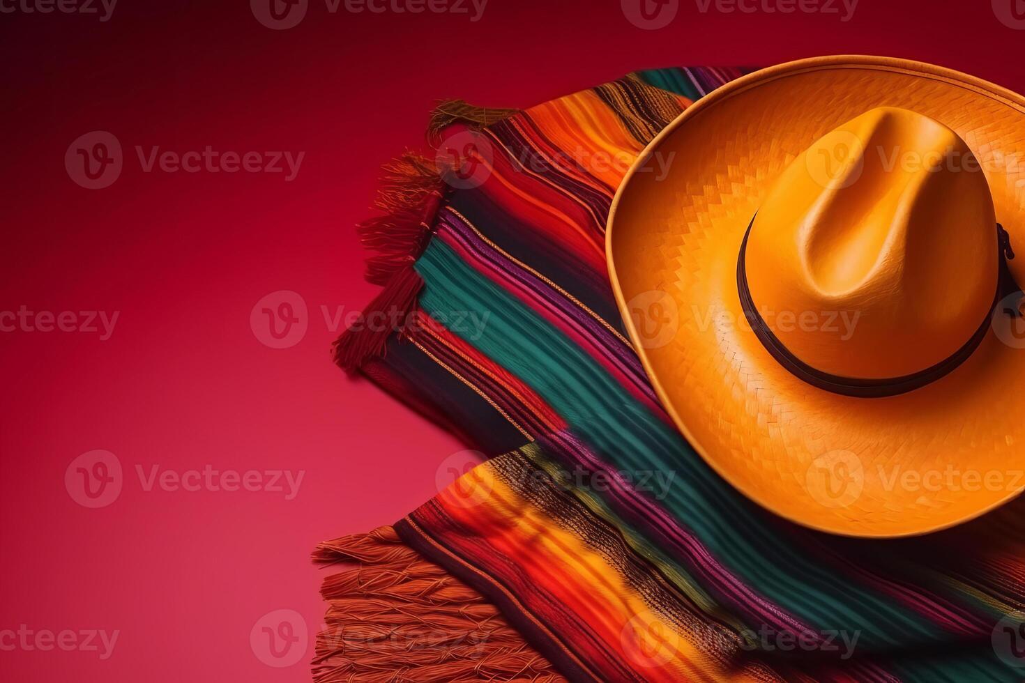 Cinco de Mayo holiday background. Mexican sombrero hat and poncho on magenta background. illustration photo