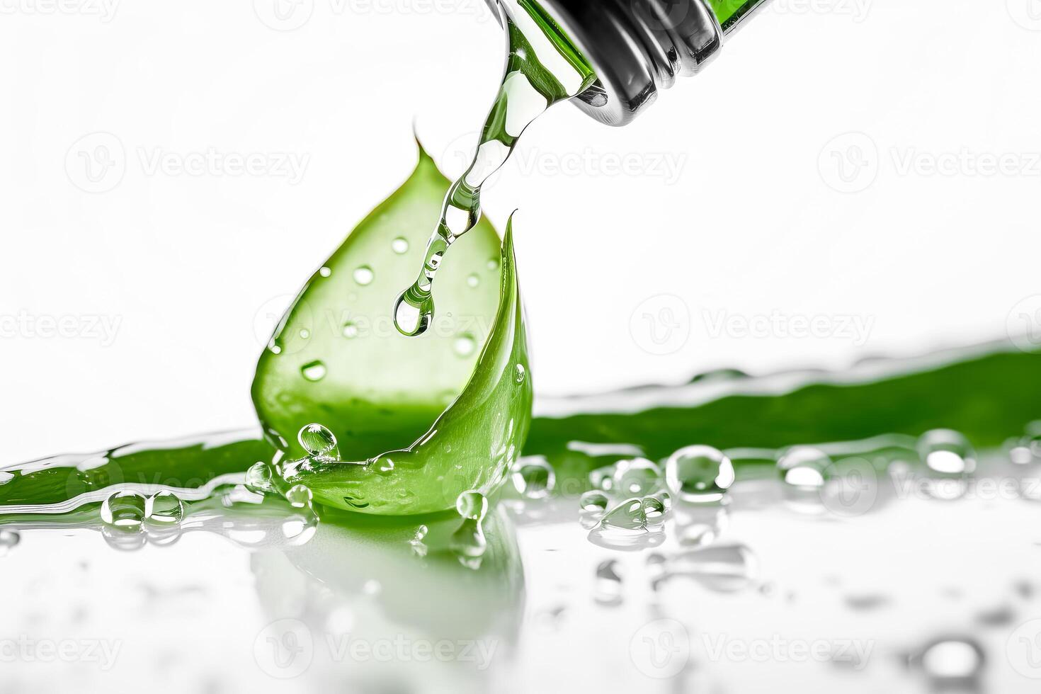 Fresh Aloe vera, droplets and cosmetic bottle on white background. illustration photo