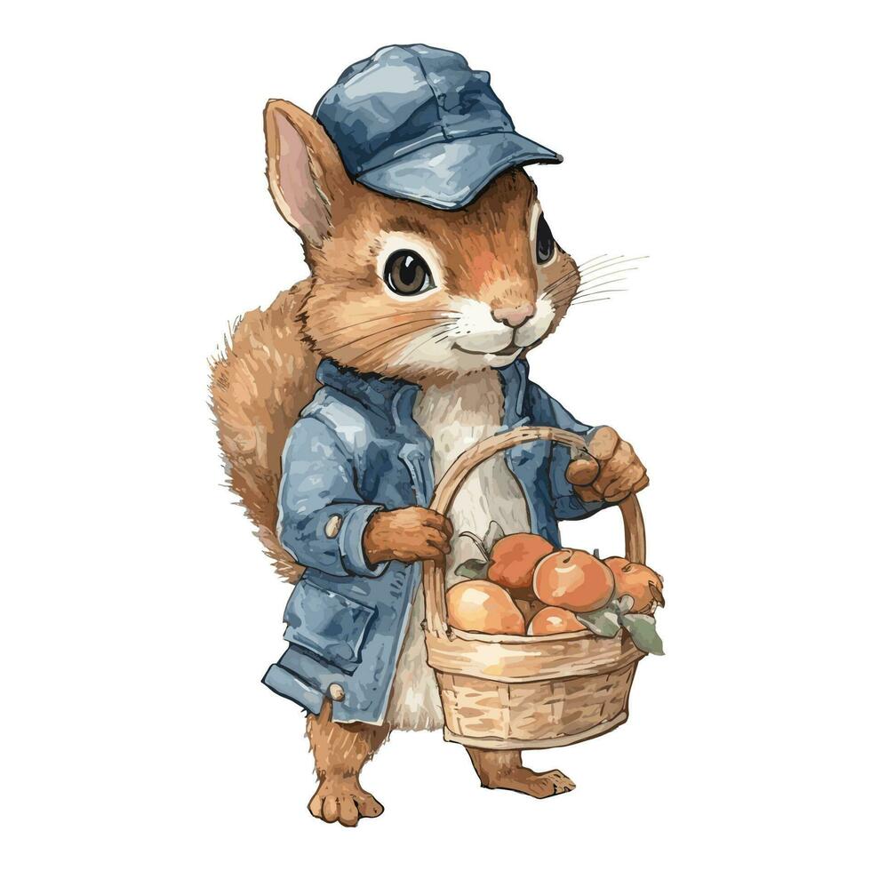 Watercolor Cute Squirrel With Blue Cap and Jacket Hold Fruit Basket vector