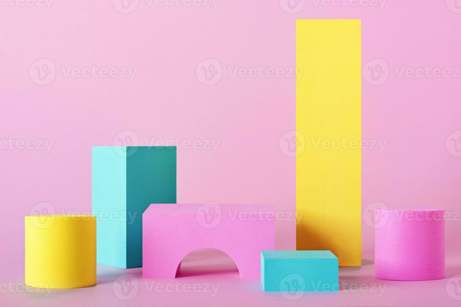 Abstract neon background with different shape podiums for products presentation or exhibitions. Geometric composition with copy space photo