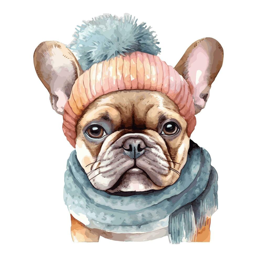 Watercolor French Bulldog Puppy With Cotton Hat, and Scarf vector