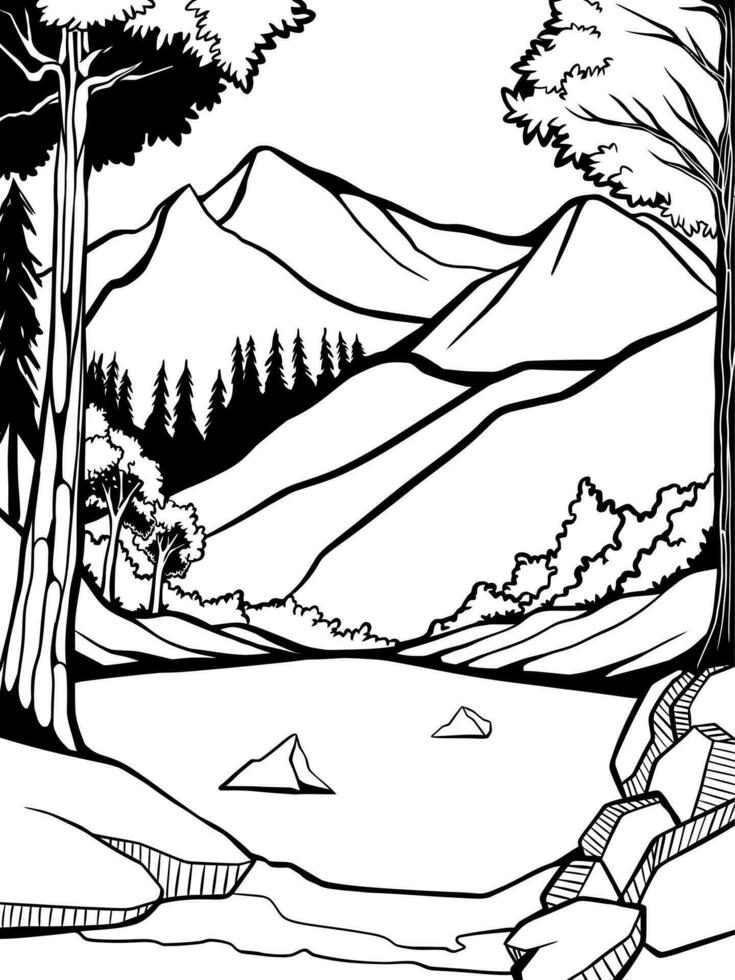 Black and white mountain landscape vector illustration