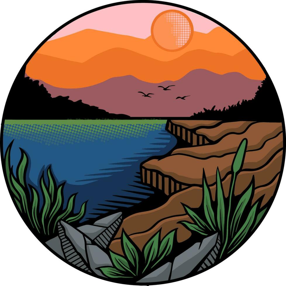 Vector illustration of a riverside sunset view