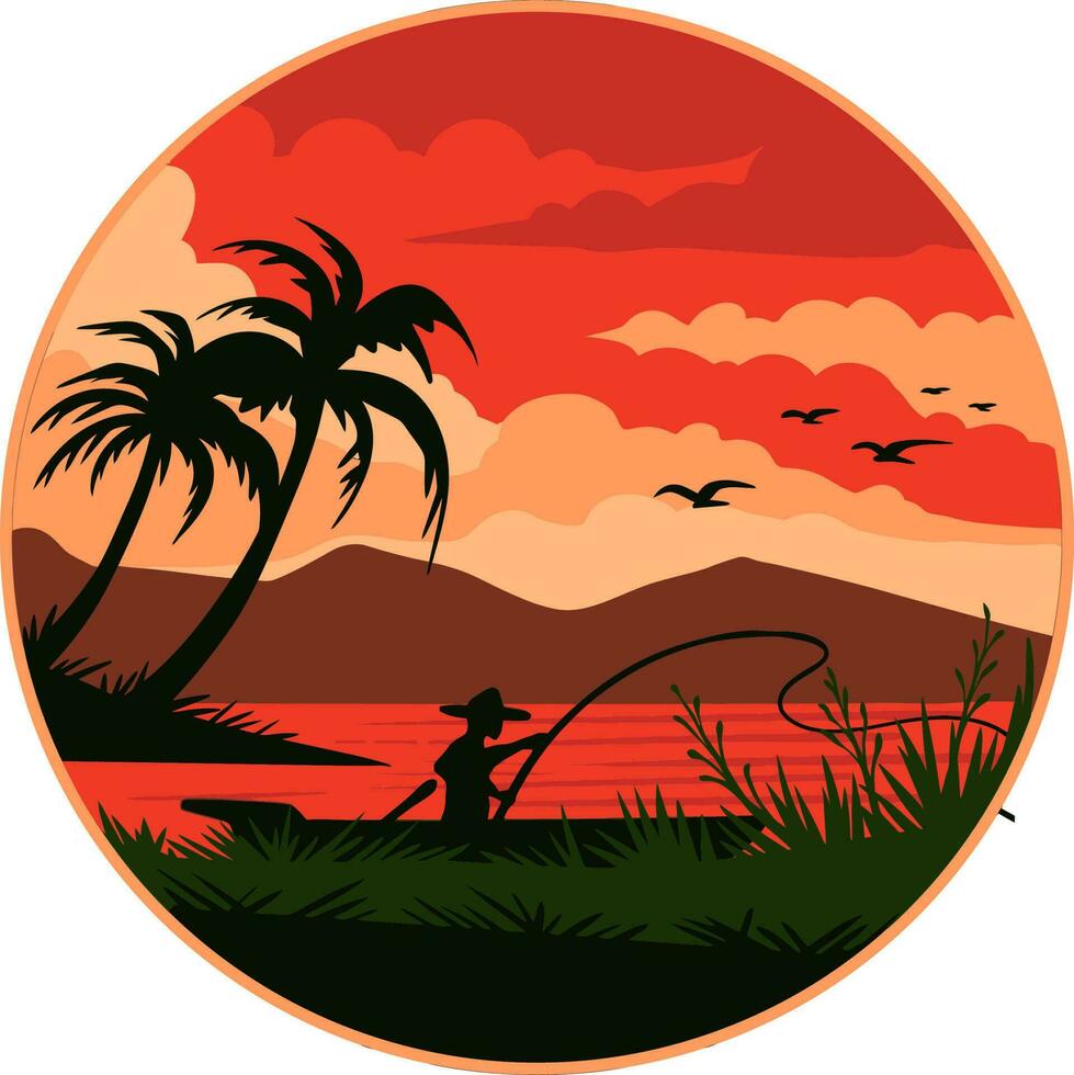 Vector illustration of fisherman looking for fish