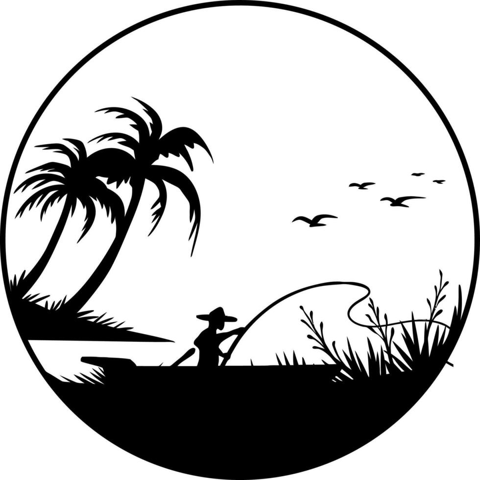 Vector illustration of fisherman looking for fish