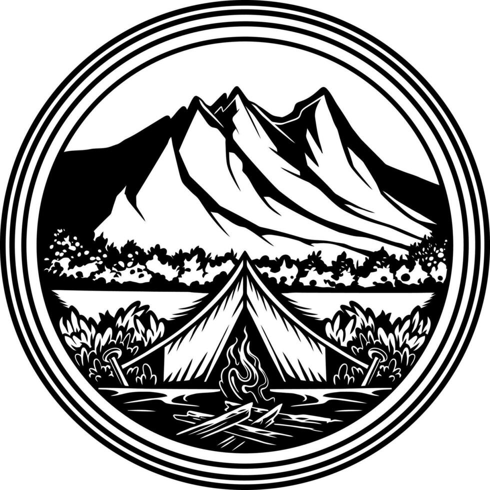 Line art vector illustration of a camper on the mountain