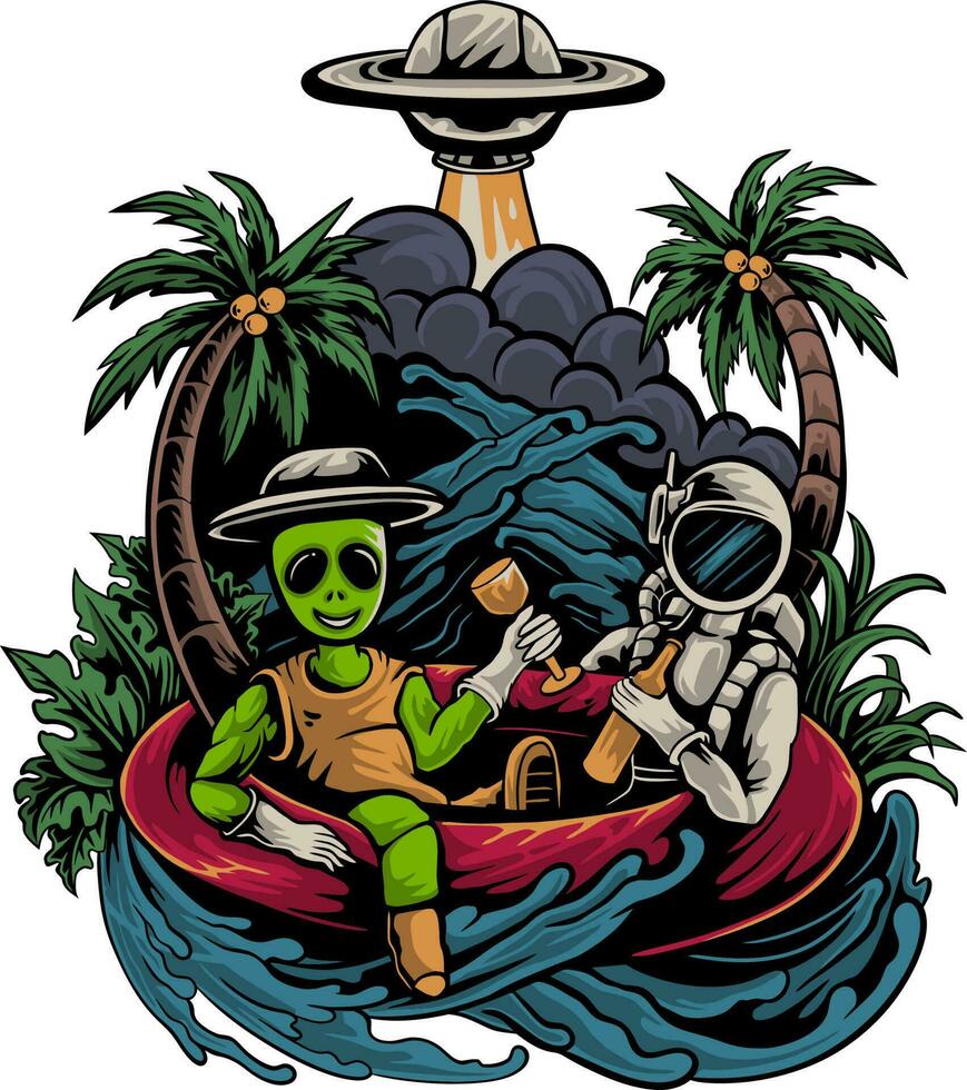 Astronaut and alien vector illustration