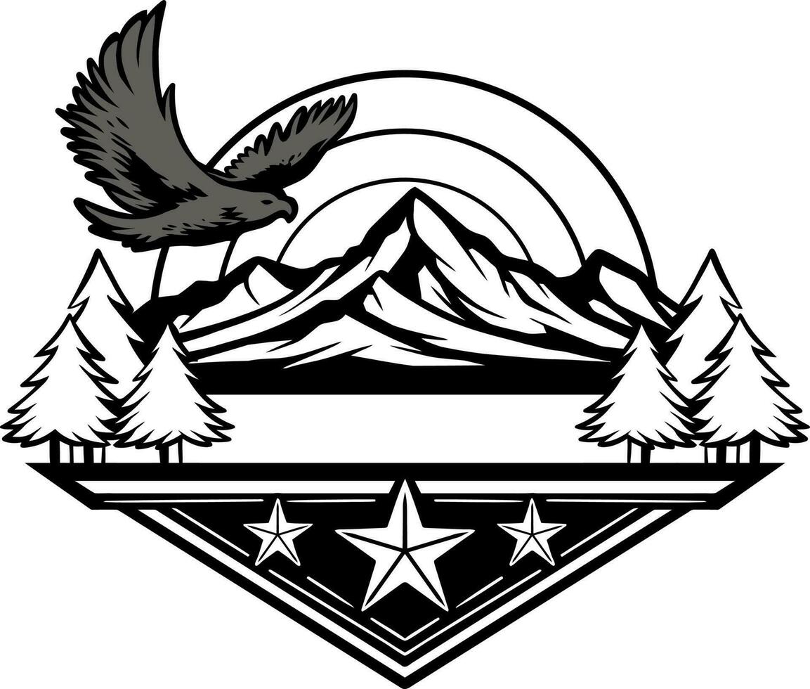 Line art vector illustration of an eagle on a mountain