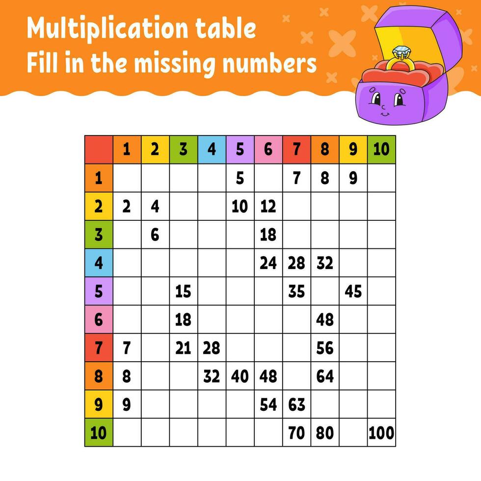 Paste the missing numbers. Learning multiplication table. Handwriting practice. Education developing worksheet. Color activity page. Game for children. Vector illustration.