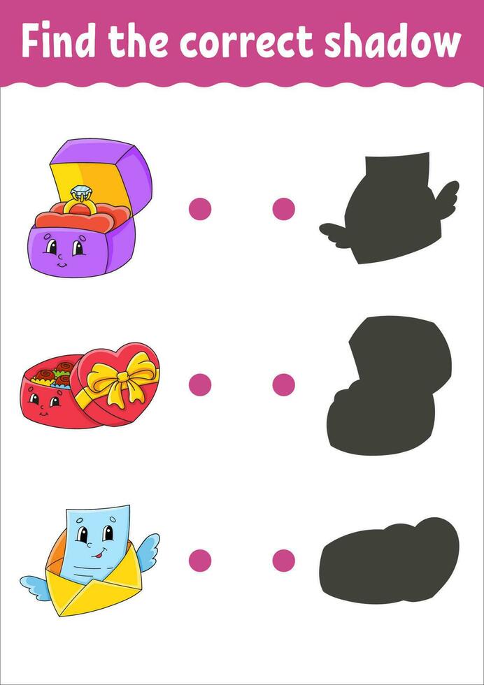 Find the correct shadow. Education developing worksheet. Matching game for kids. Color activity page. Puzzle for children. Cute character. Vector illustration. cartoon style.