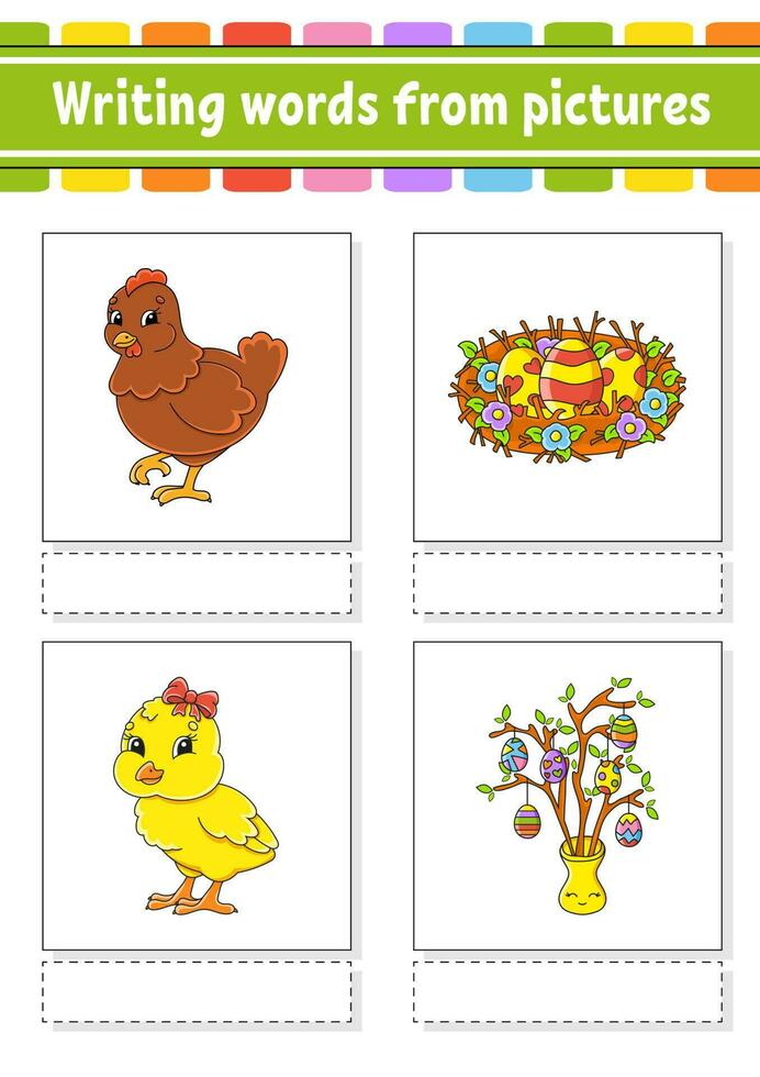 Writing words from pictures. Learn English words. Education developing worksheet. Color activity page. cartoon character. Vector illustration.