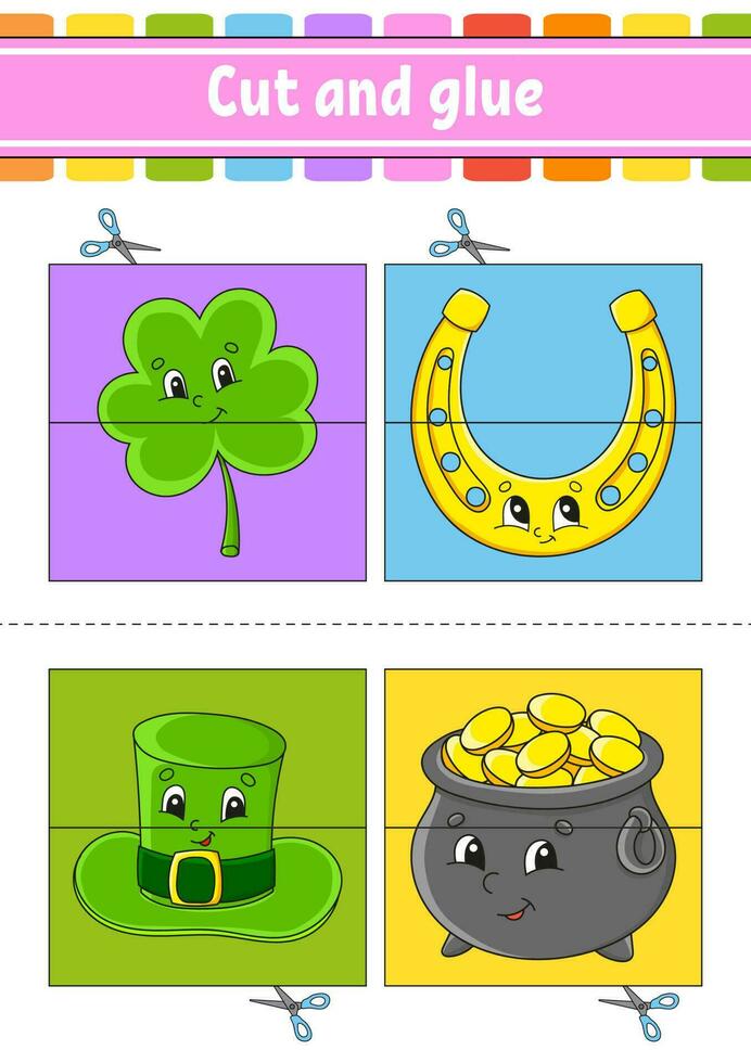 Cut and play. Paper game with glue. Flash cards. Education worksheet. Activity page. St. Patrick's Day. Isolated vector illustration. cartoon style.