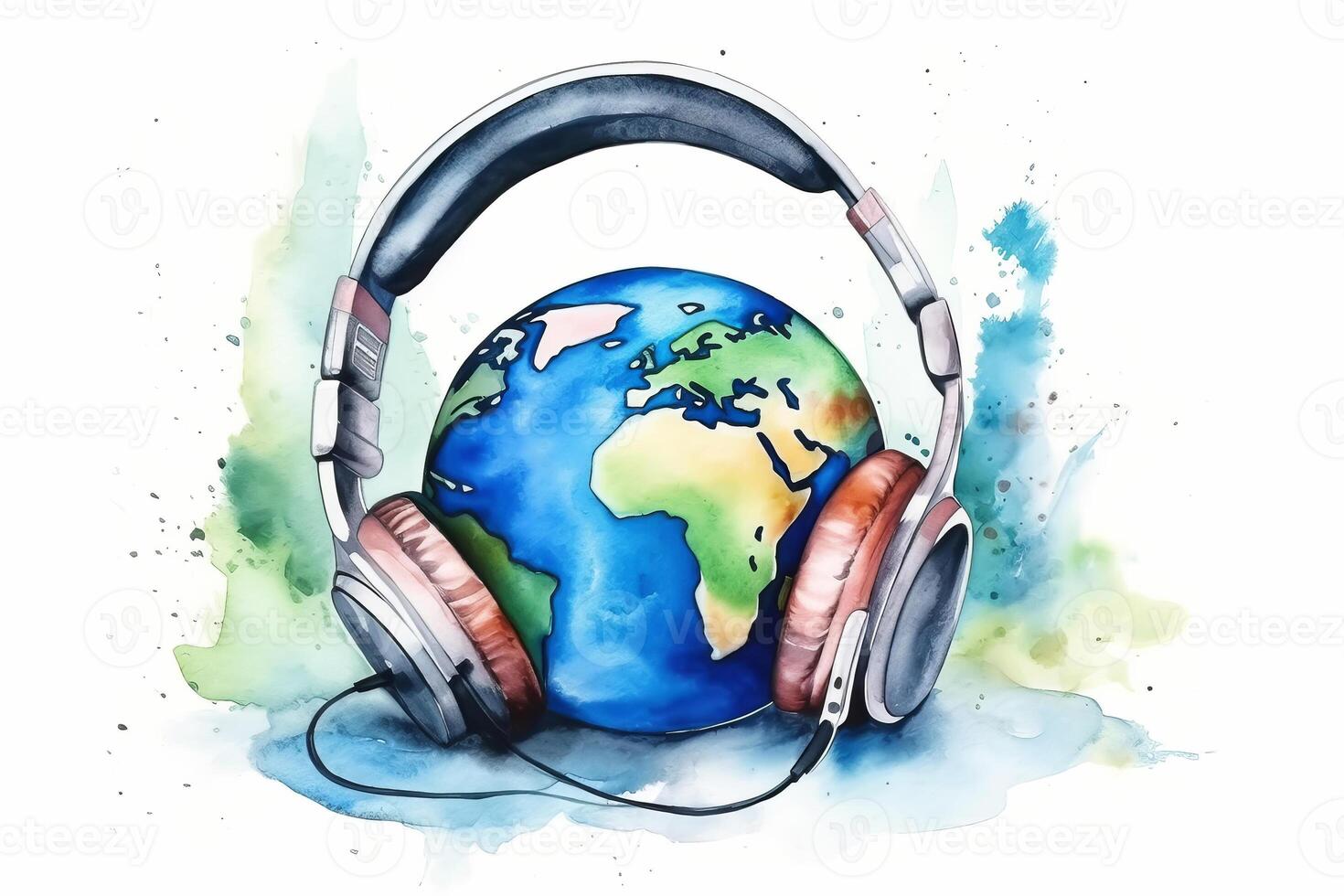 World music day concept. Stereo headphone and a globe on a white background. illustration photo