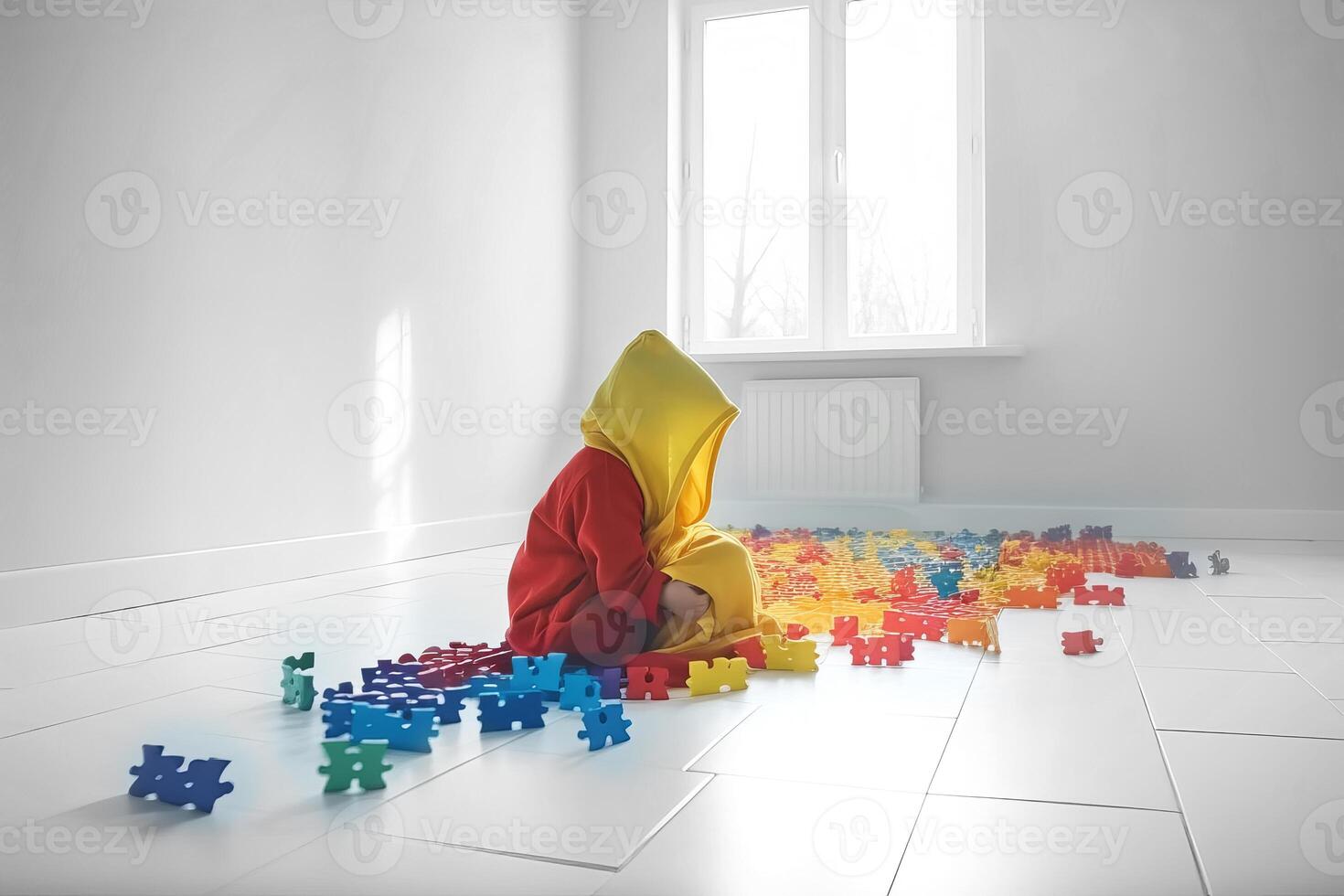 World Autism Awareness day. Faceless Child playing with colorful puzzles in an empty white room. illustration photo
