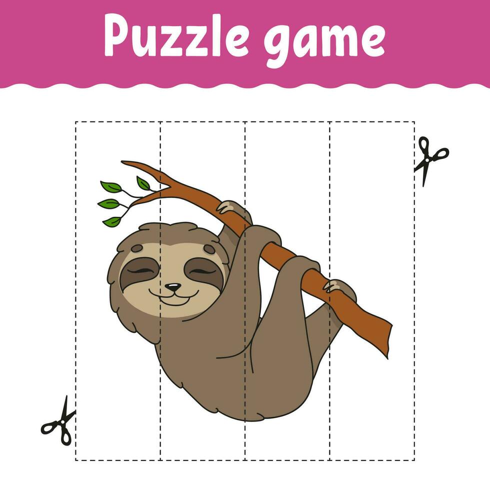 Puzzle game for kids. Cutting practice. Education developing worksheet. Activity page. cartoon character. Vector illustration.