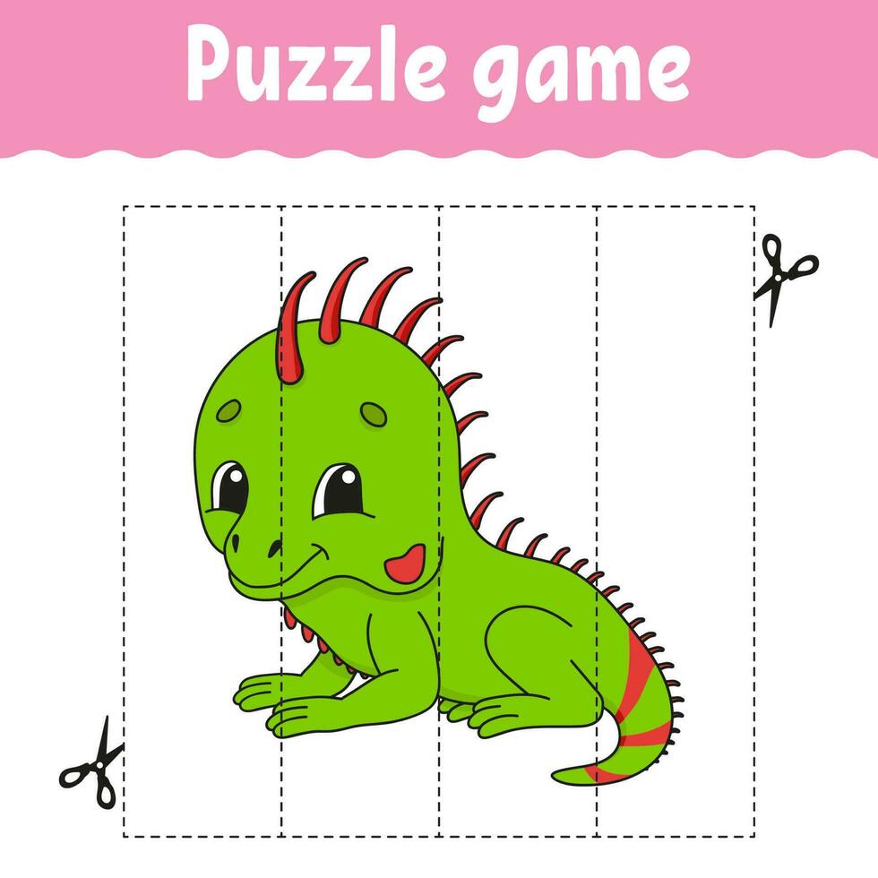 Puzzle game for kids. Cutting practice. Education developing worksheet. Activity page. cartoon character. Vector illustration.