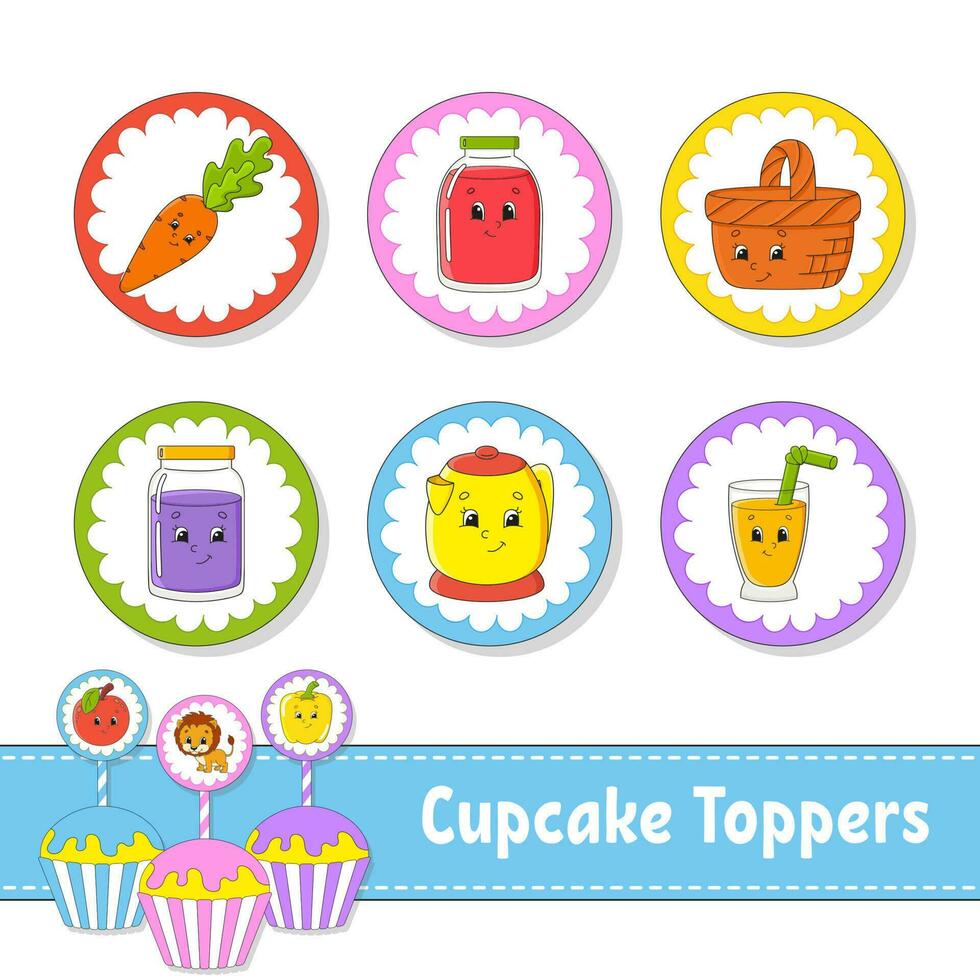 Cupcake Toppers. Set of six round pictures. cartoon characters. Cute image. For birthday, baby shower. Isolated on white background. Vector illustration.