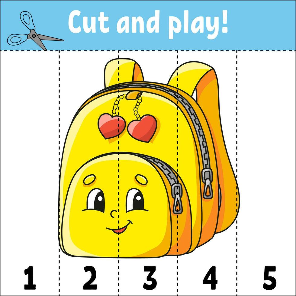 Learning numbers 1-5. Cut and play. Education worksheet. Game for kids. Color activity page. Puzzle for children. Riddle for preschool. Cartoon style. Vector illustration.