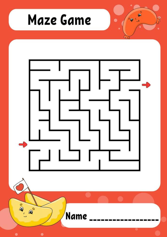 Square maze. Game for kids. Funny labyrinth. Education developing worksheet. Activity page. Puzzle for children. cartoon style. Riddle for preschool. Logical conundrum. Color vector illustration.