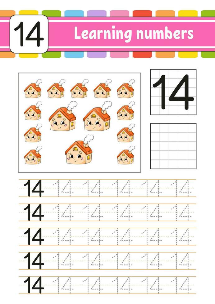 Trace and write numbers. Handwriting practice. Learning numbers for kids. Education developing worksheet. Activity page. Vector illustration.