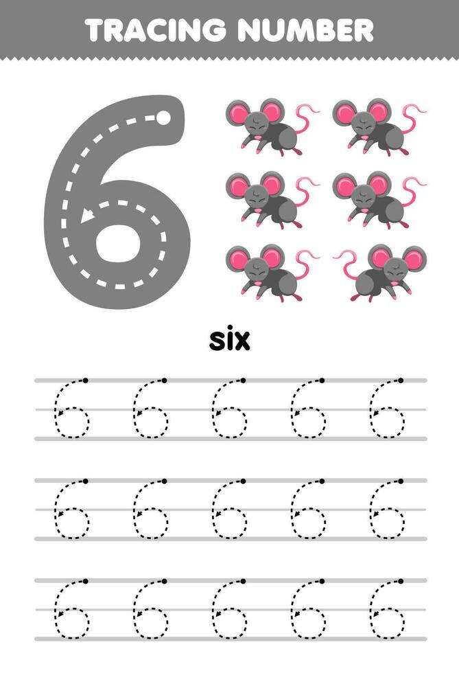 Education game for children tracing number six with cute cartoon mouse picture printable animal worksheet vector
