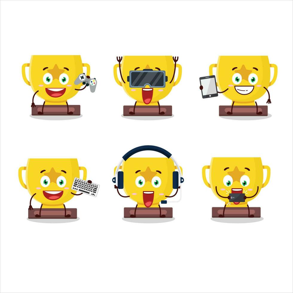 oro trofeo dibujos animados personaje son jugando juegos con varios linda emoticones vector