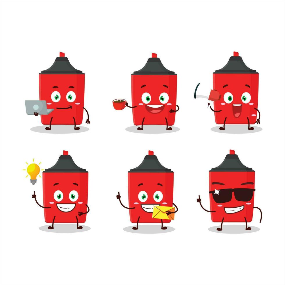 rojo resaltador dibujos animados personaje con varios tipos de negocio emoticones vector