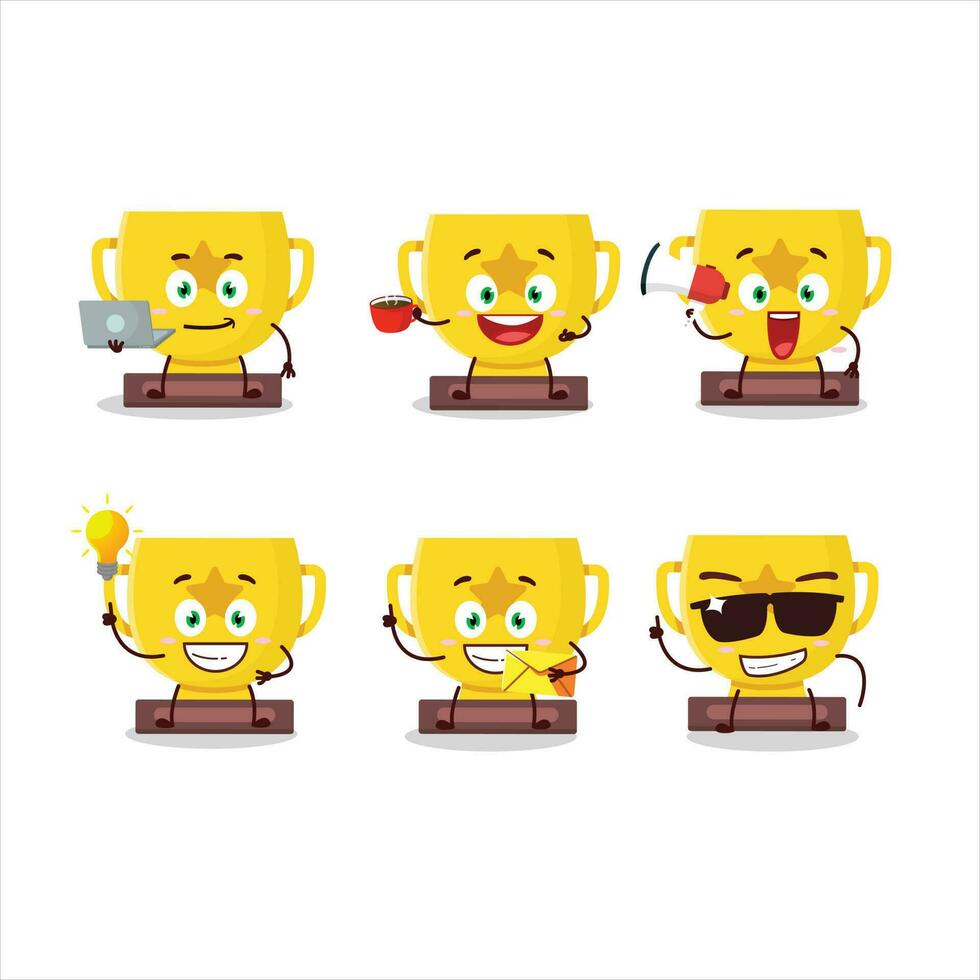 Gold trophy cartoon character with various types of business emoticons vector