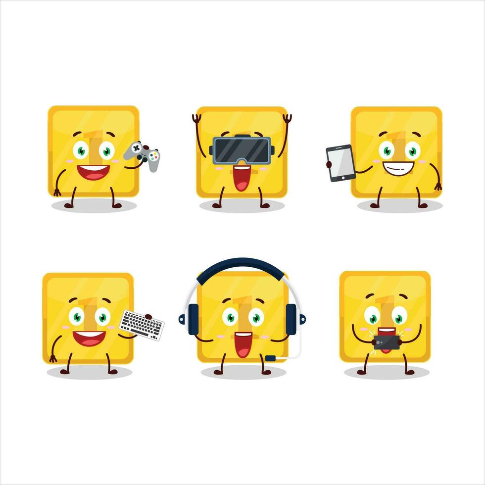 Gold first button cartoon character are playing games with various cute emoticons vector