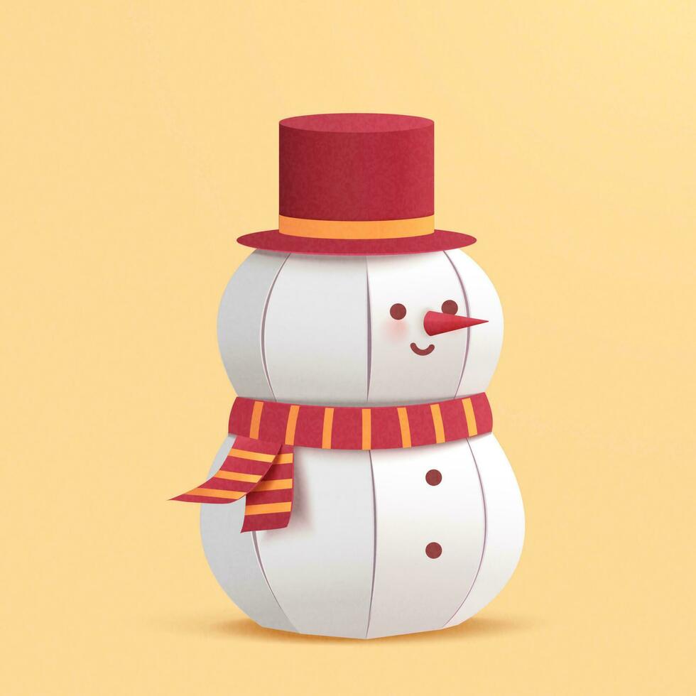 Paper art style illustration of a snowman with red scarf and hat on yellow background vector