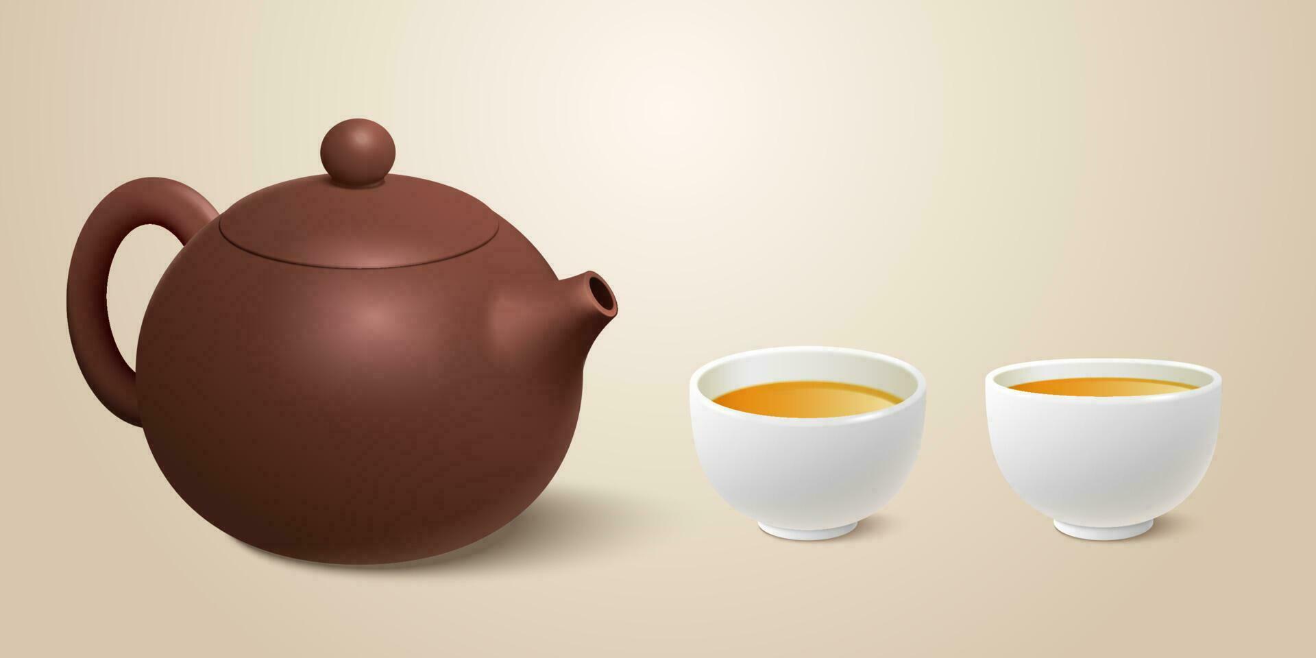 3d Chinese tea pot and cups. Illustration of one brown tea kettle and two filled teacups on biege background vector