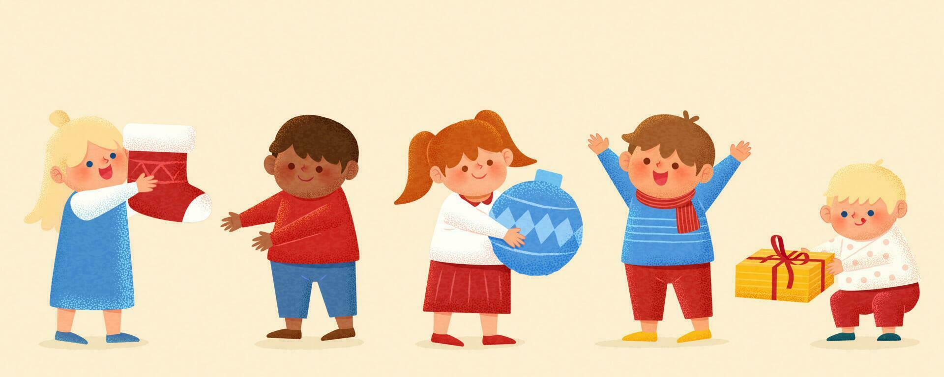 Hand-drawn illustration of cute little children set for Christmas day. Multiracial kids passing on Xmas ornaments in the row vector