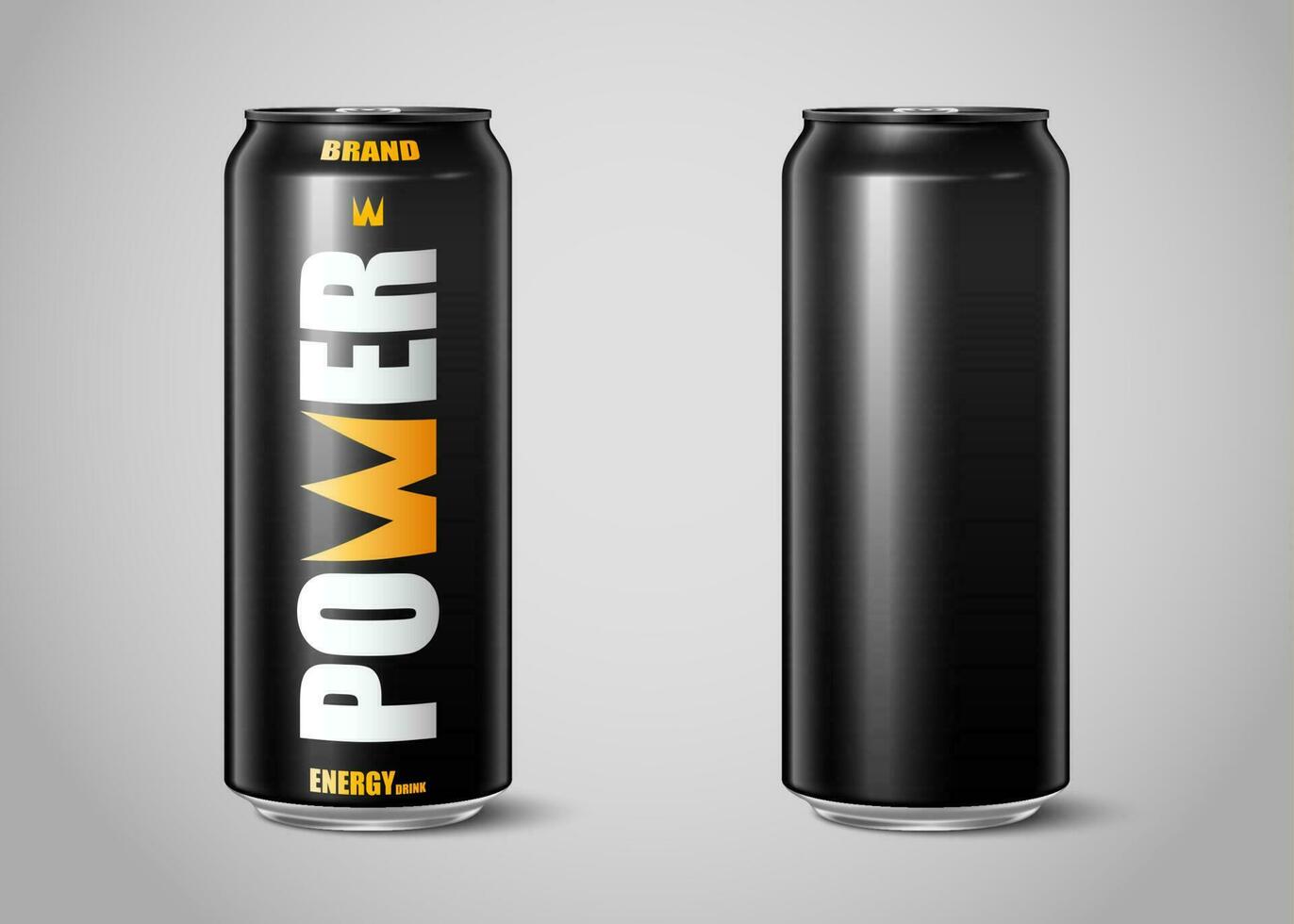 Power energy drink can package design in 3d illustration on a grey background, one with label and one without vector