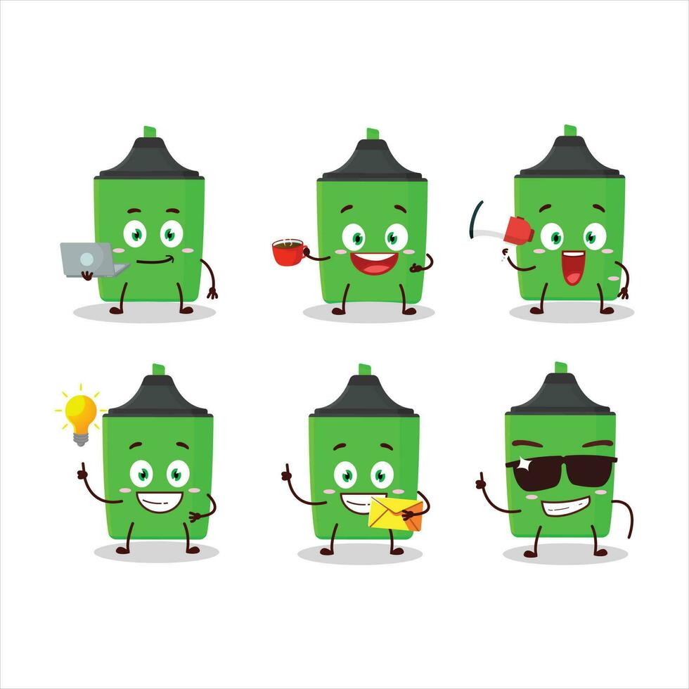 nuevo verde resaltador dibujos animados personaje con varios tipos de negocio emoticones vector