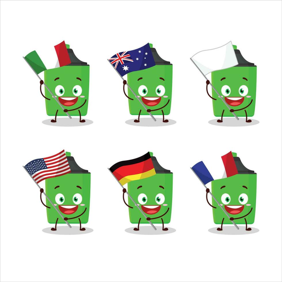 nuevo verde resaltador dibujos animados personaje traer el banderas de varios países vector