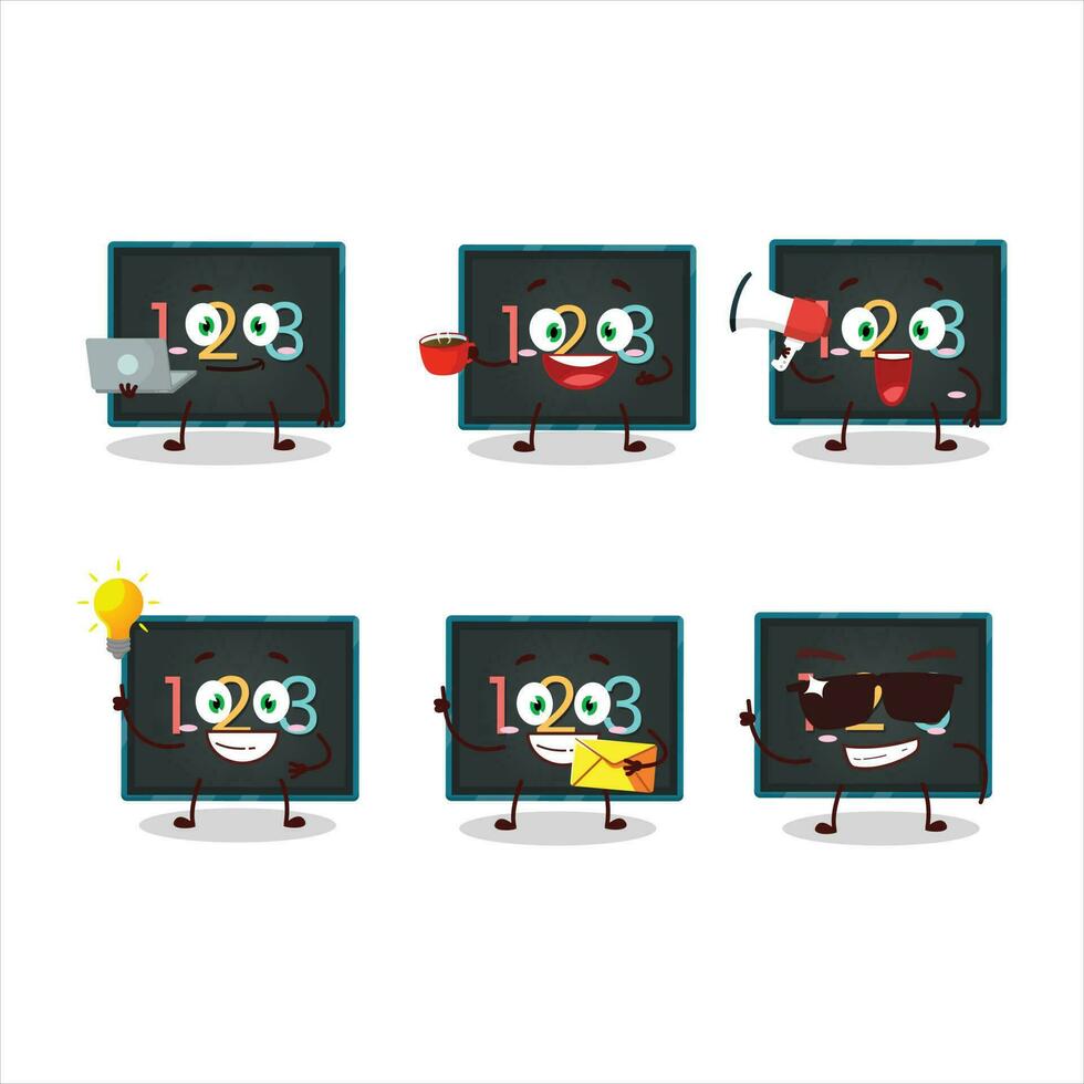 Numeric on board cartoon character with various types of business emoticons vector