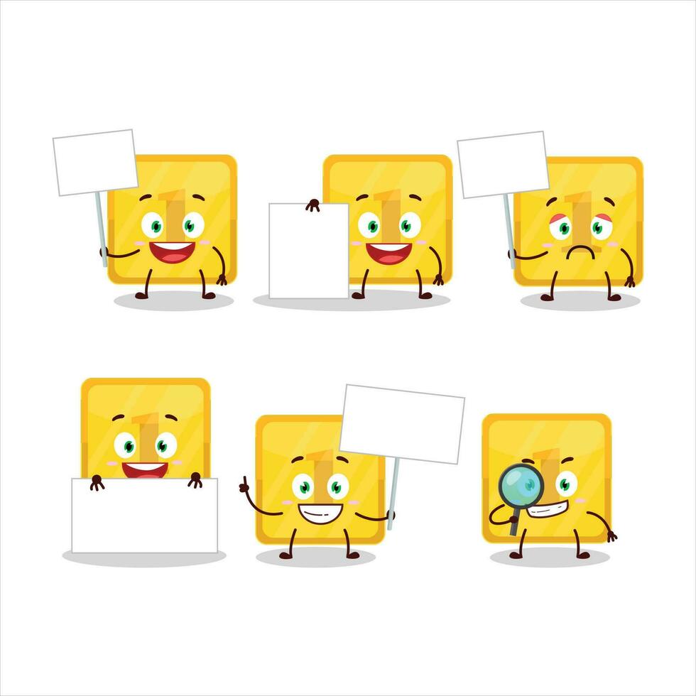 Gold first button cartoon character bring information board vector