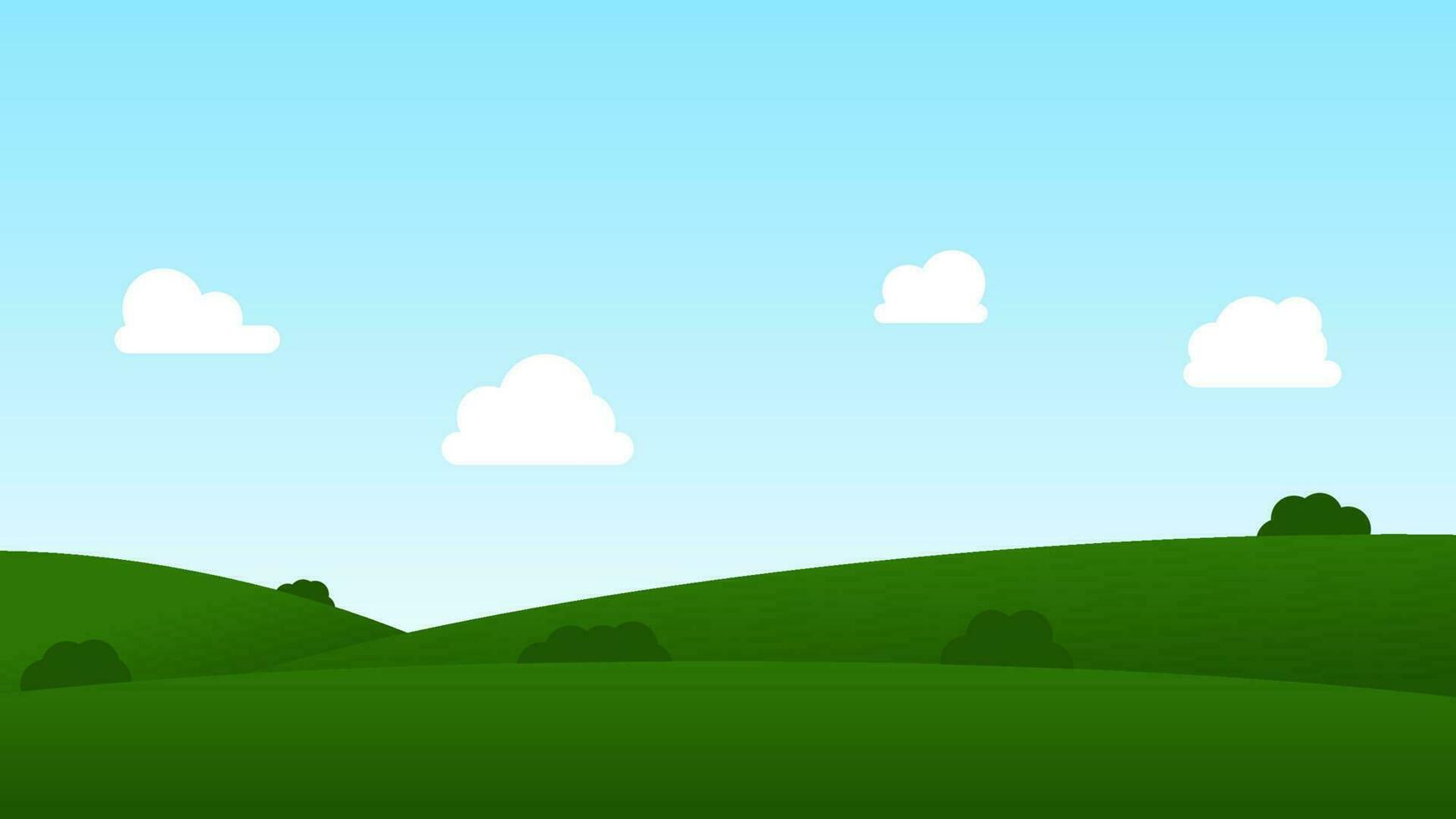 escena de dibujos animados de paisaje. campo verde con nubes blancas y cielo azul vector