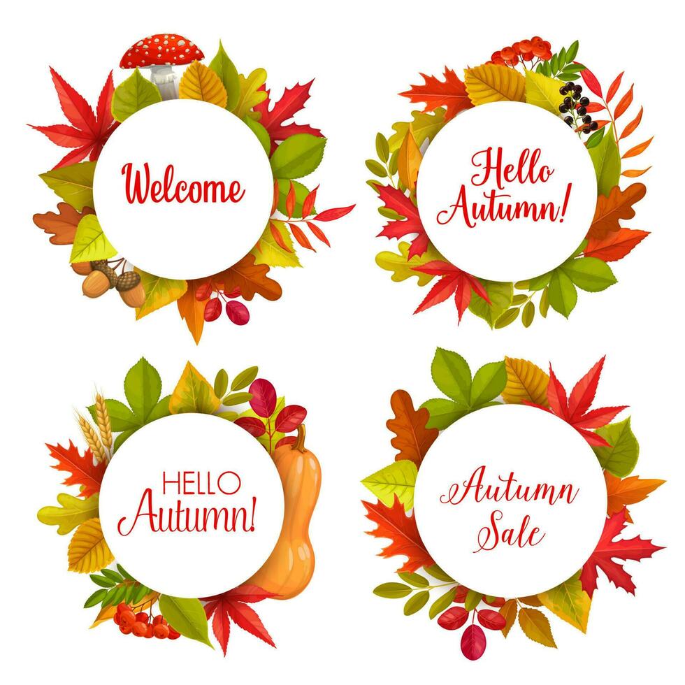 Hello autumn sale vector round frames with leaves