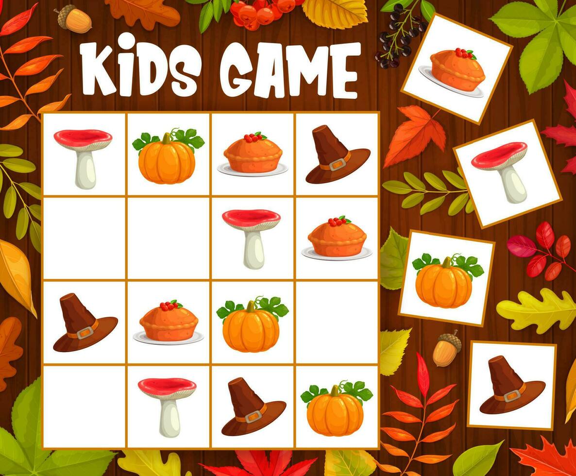 Kids sudoku game with thanksgiving autumn objects vector