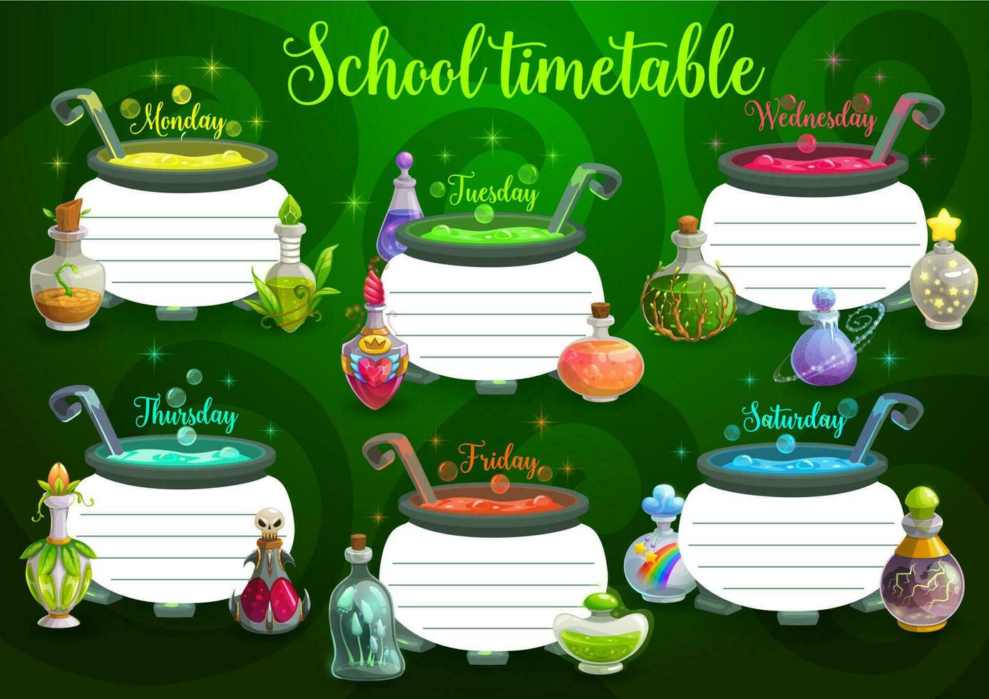 Kid school timetable with cauldron, magic potion vector