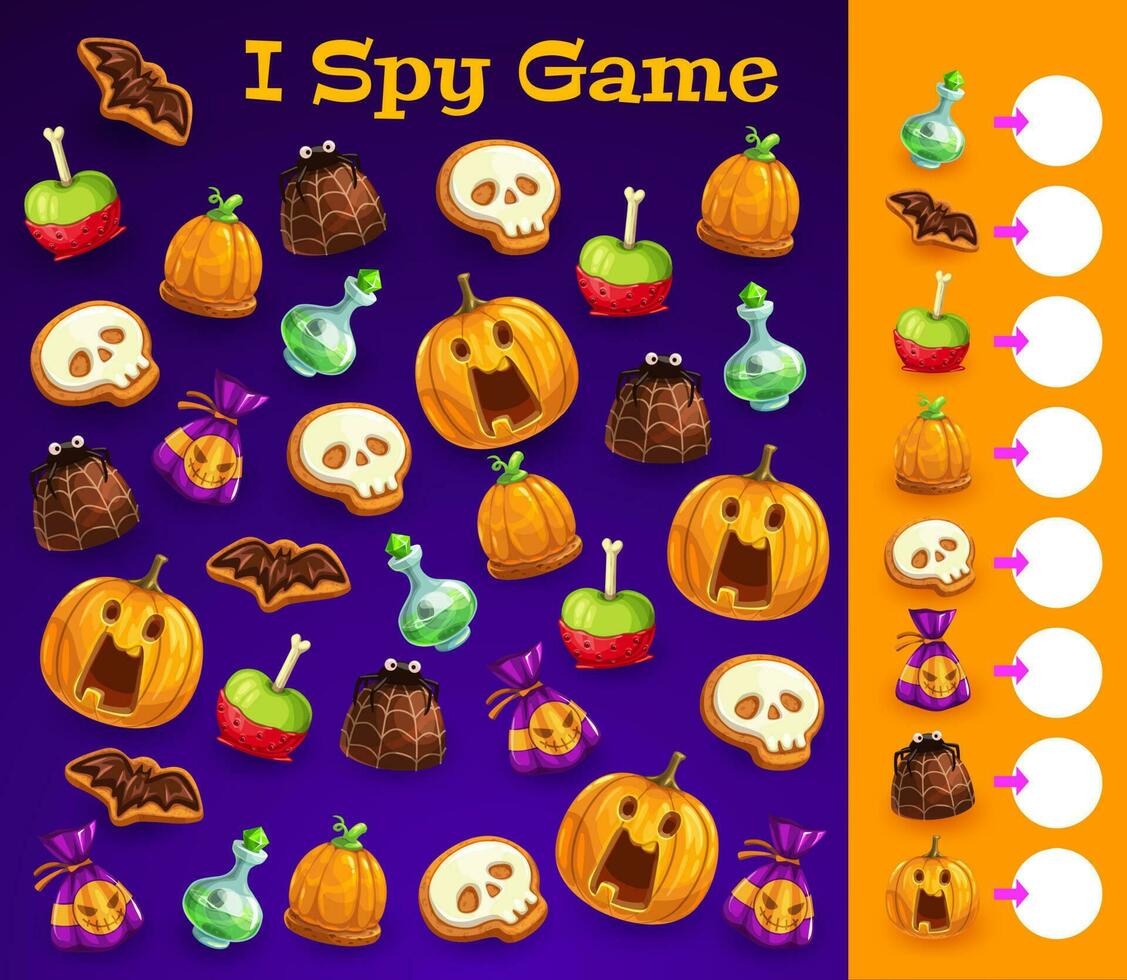 Children I spy game template with Halloween treats vector