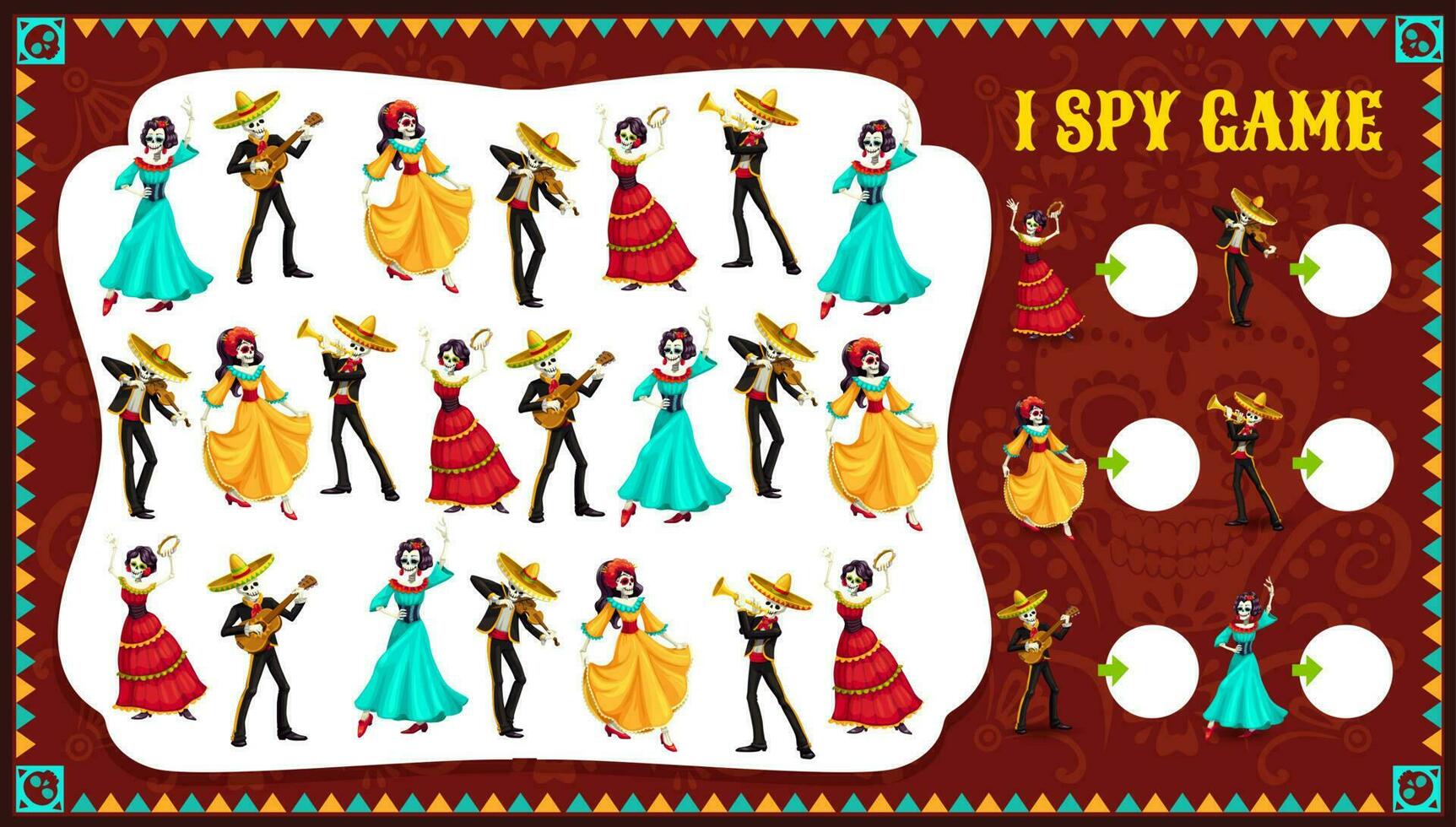 I spy game Dia de Los Muertos characters, riddle vector